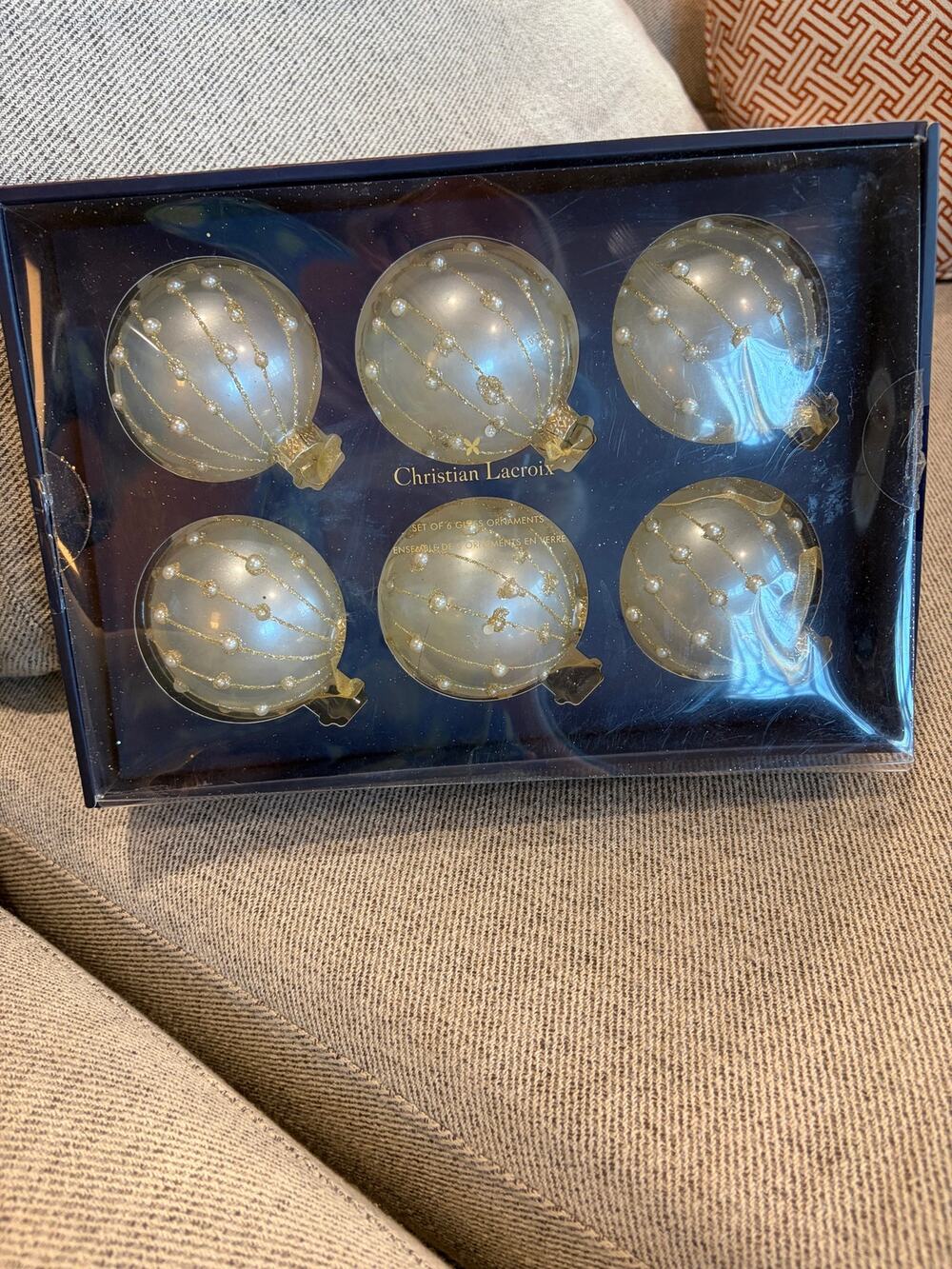 Christian Lacroix Paris Gold & Pearl Glass Christmas Ornaments Set of 6 NIB